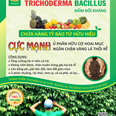 Combo 5 gói Chế phẩm vi sinh Trichoderma TRIBAC. Nấm Đối Kháng cực mạnh. Ngăn chặn tuyến trùng, nấm bệnh gây vàng lá thối rễ. Ủ phân chuồng hoai mục