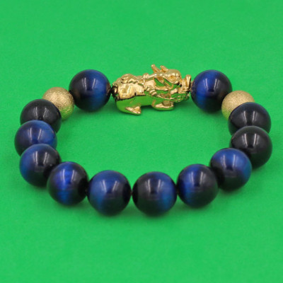 Vòng đeo tay Đá Mắt Hổ Xanh Đen 12 ly - cẩn Tỳ Hưu Phong Thủy inox vàng VMHXETHHBV12 - hợp mệnh Mộc, mệnh Thủy