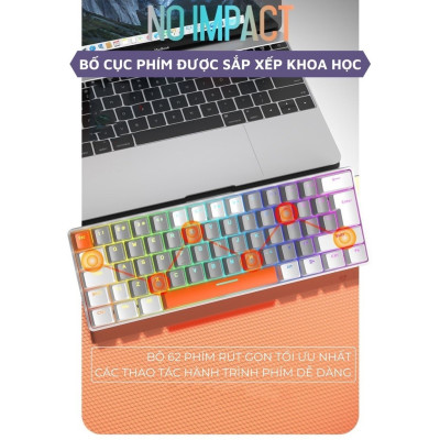 Keyboard T-WOLF T60 Gray White Chính hãng (Phím cơ, 63 key, Blue Switch, 20 chế độ LED, Kết nối cổng Type-C) - BH 12TH - Hàng chính hãng