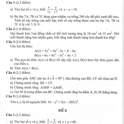 BỘ ĐỀ KIỂM TRA TOÁN 7 (BÁM SÁT SGK CHÂN TRỜI SÁNG TẠO)