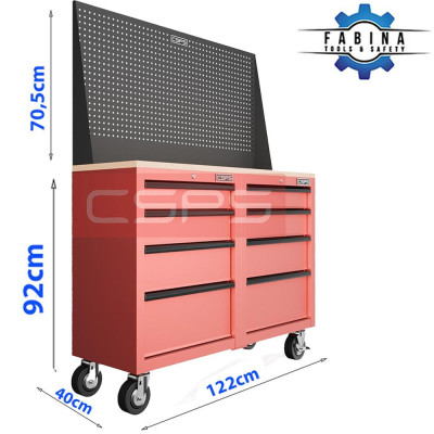 Bộ 2 Tủ dụng cụ CSPS 122cm 08 hộc kéo màu đỏ mặt ván gỗ kèm vách lưới