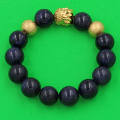 Chuỗi hạt đeo tay Đá Lam Sa 14 ly - Vòng tay Phật A Di Đà inox vàng VLSNLVHB14 - hợp mệnh Thủy, mệnh Mộc - Vòng đeo tay size lớn