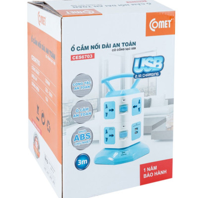 Ổ Cắm Điện Đa Năng COMET CES6703 2500W Hình Tháp dây dài 3m, 7 lỗ cắm 3 chấu, 2 cổng sạc USB