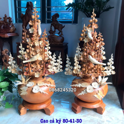 2 bình hoa mai phú quý phong thủy trang trí phòng khách đẹp long lanh bằng gỗ hương kt 80×41×30cm