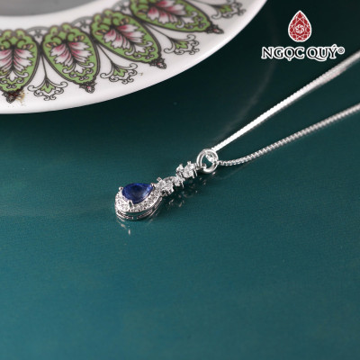 Dây chuyền bạc giọt nước Sapphire xanh dương bọc bạc 10x7mm - Ngọc Quý Gemstones