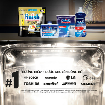Combo Finish: Viên rửa chén Ultimate 18 viên + Nước làm bóng 500ml + Muối rửa chén 1kg