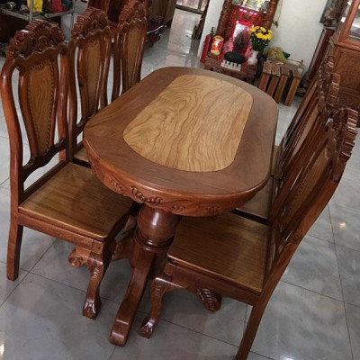 Bàn ăn căm xe mặt gõ hình oval , BỘ bàn ăn 6 ghế , bộ bàn ăn gỗ cao cấp