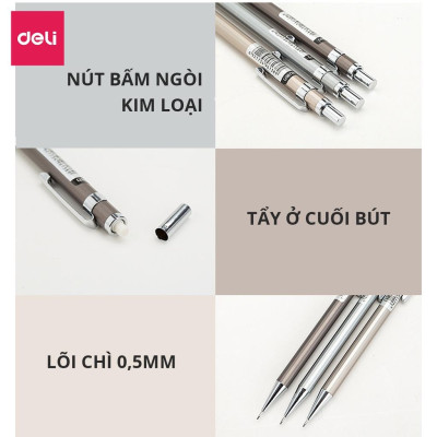 Bút Chì Kim Bấm Thân Kim Loại Ngòi 0.5mm Kèm Đầu Tẩy Học Sinh Deli - Phù Hợp Cho Văn Phòng, Nhà Trường, Vẽ Kĩ Thuật