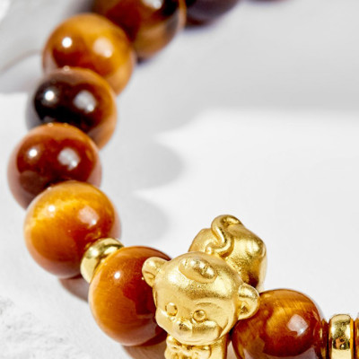 Vòng Tay Phong Thủy Đá Mắt Hổ Vàng Nâu Phối Charm Tuổi Thân Bạc Mạ Vàng 24K (8mm) Mệnh Thổ, Kim Ngọc Quý Gemstones
