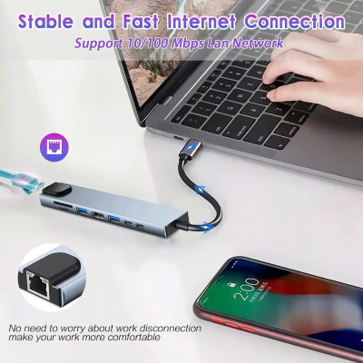 Bộ Chuyển Đổi Hub USB C Hub 8 Trong 1 Type C 3.1 Sang 4K RJ45 Đọc Thẻ SD / TF Cho MacBook Notebook Laptop Máy Tính - Hàng Nhập Khẩu