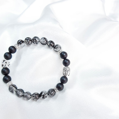 Vòng tay mệnh thủy, kim đá thạch anh tóc đen mix nham thạch+ charm mặt phật LAT.98