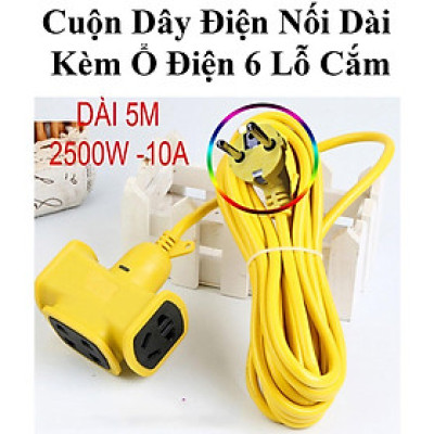 Cuộn Dây Điện Nối Dài Kèm Ổ Điện 6 Lỗ Cắm Dây Dài 5M Công Suất 2500W