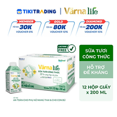 Thùng Thực phẩm bổ sung Värna Life sữa tươi công thức (Xanh) (12 Hộp x 200ml)
