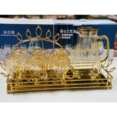 Bộ bình 6 cốc thủy tinh chịu nhiệt màu vàng cao cấp