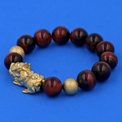 Vòng chuỗi đeo tay đá mắt hổ đen đỏ 14 ly ( size lớn ) charm tỳ hưu và bi inox vàng, vòng tay chuỗi hạt