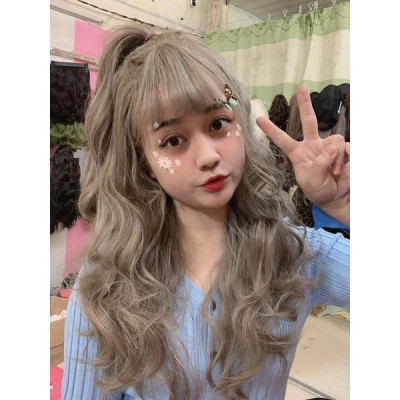 Tóc giả xám nâu xoăn 