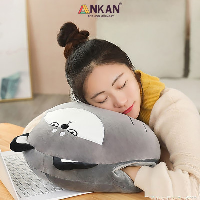 Bộ Chăn Gối Văn Phòng 3 Trong 1 Kiểu Chó Husky Mặt Cộc - Siêu Dễ Thương Dùng Để Giữ Ấm Tay Có Chăn Đắp Và Gối Kê Đầu Vô Cùng Tiện Lợi 