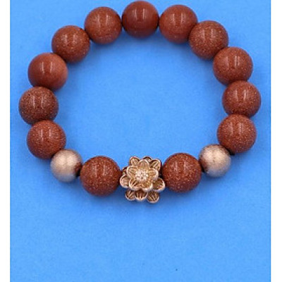 Vòng đeo tay Đá Kim Sa Nâu 12 ly - Vòng Hoa Sen vàng hồng phối 2 bi - hợp mệnh Kim, mệnh Thổ