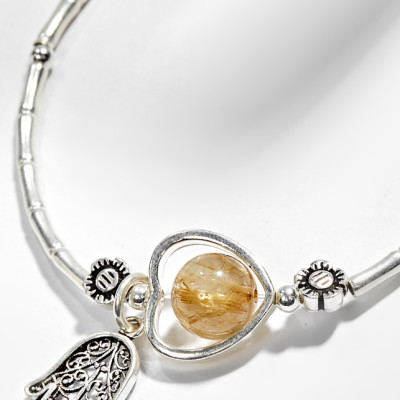 Vòng Tay Bạc 1 Hạt Đá Thạch Anh Tóc Vàng Phối Charm Bàn Tay Hamsa Bạc