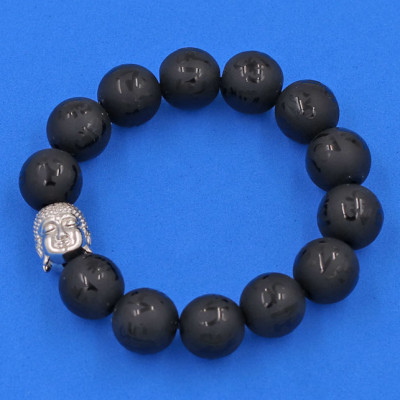 Vòng tay Đá Thạch Anh Đen Phật Chú 14 ly - cẩn hạt Như Lai inox trắng VTAEPMNLT14 - hợp mệnh Mộc, mệnh Thủy