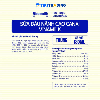 Thùng 48 hộp sữa đậu nành cao canxi Vinamilk 180ml