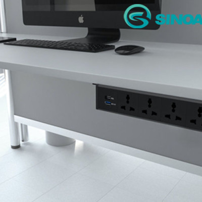 Sinoamigo STS-HG60B-5: Hộp ổ cắm Âm Bàn Hiện Đại Với Thiết Kế Lắp Âm Dưới Bàn - Tích hợp 4 ổ cắm đa năng, 1 cổng sạc USb type C (PD) và 1 cổng sạc USB type A (QC-3.0) - Hàng chính hãng