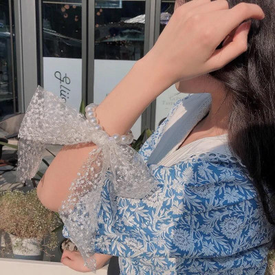 Dây Cột Tóc/ Buộc Tóc Ngọc Trai Phối Nơ Ren Cho Nữ Màu Trắng, Be Nữ Tính 2021