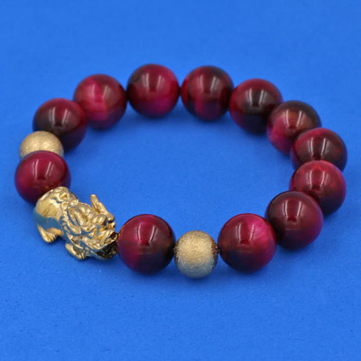 Vòng đeo tay Đá Mắt Hổ Đỏ 12 ly - cẩn Tỳ Hưu Phong Thủy inox vàng VMHOTHHBV12 - hợp mệnh Hỏa, mệnh Thổ