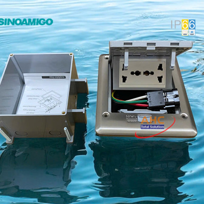 Hộp ổ cắm điện âm sàn chống nước IP66 Sinoamigo SOB-2SFC 3 module inox cao cấp – Chống gỉ, dùng ngoài trời