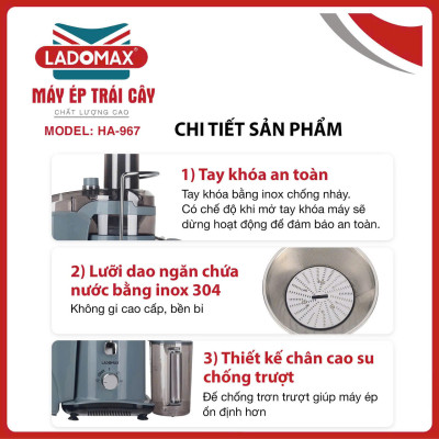 Máy ép trái cây cho quán 1180W thế hệ mới Ladomax HA-967 có chế độ vệ sinh lưới, ép kiệt bã-Hàng chính hãng