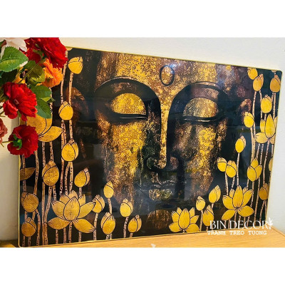 (ẢNH THẬT) Tranh treo tường phật trong hoa sen vàng tranh trang trí phòng thờ nơi tôn nghiêm