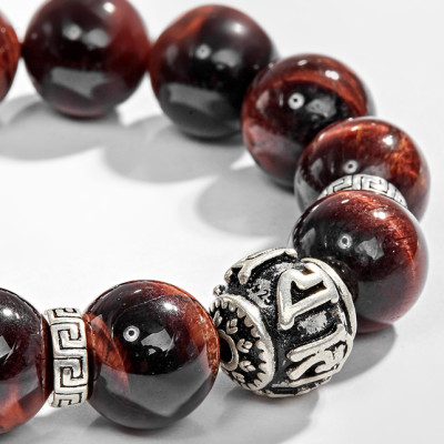 Vòng tay đá thạch anh mắt hổ phối charm lục tự bạc (14mm) Ngọc Quý Gemstones