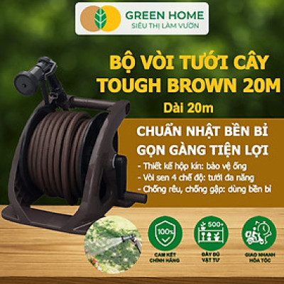 Bộ vòi tưới cây Takagi Tough Brown GreenHome, Dài 20m, Nhỏ Gọn, Bền Bỉ, Vòi Phun Đa Năng, Chuẩn Nhật Bản