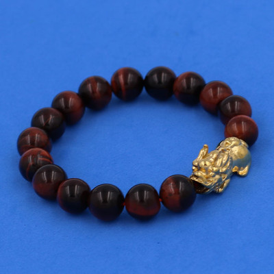 Vòng tay chuỗi hạt Tỳ Hưu inox vàng mix Đá Mắt Hổ Đỏ Đen 10 ly - hợp mệnh Hỏa, mệnh Thổ