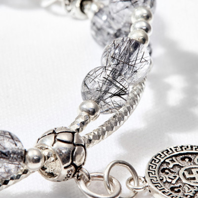 Vòng tay đôi thạch anh tóc đen phối bạc Ngọc Quý Gemstones