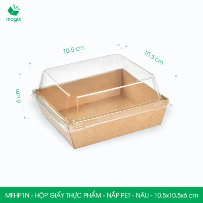 MFHP1N - 10.5x10.5x6 cm - 50 hộp giấy kraft thực phẩm màu nâu nắp Pet, hộp giấy vuông đựng thức ăn, hộp bánh nắp trong
