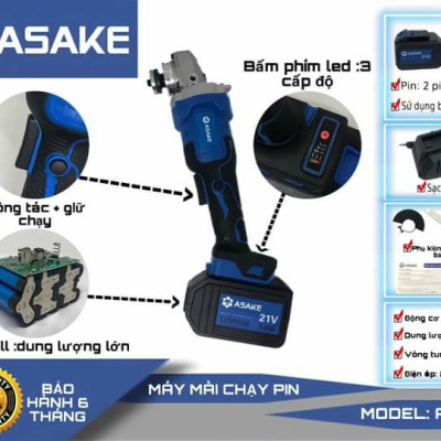 Máy Mài Pin ASAKE 21V Pin Khủng 15 Cell, Động Cơ Không Chổi Than, 100% Dây Đồng - Bảo Hành 12 Tháng
