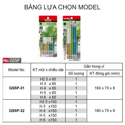 Bộ 05 cái mũi vặn vít đầu lục giác GS5P chuôi lục giác H = 6,35mm Vessel (Nhật Bản)