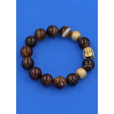 Vòng tay chuỗi hạt Mã Não Nâu Sọc 14 ly - Vòng tay Phật A Di Đà inox vàng VMNNSNLVHB14 - hợp mệnh Kim, mệnh Thổ - Vòng đeo tay size lớn