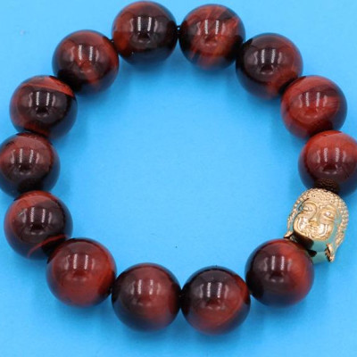 Chuỗi đeo tay đá mắt hổ đỏ đen 14 ly - cẩn hạt Như Lai Inox vàng VMHOENLV14 - hợp mệnh Hỏa, mệnh Thổ