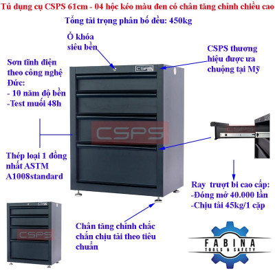 Tủ dụng cụ CSPS 61cm - 04 hộc kéo màu đen có chân tăng chỉnh