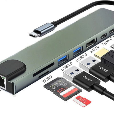Bộ Chuyển Đổi Hub USB C Hub 8 Trong 1 Type C 3.1 Sang 4K RJ45 Đọc Thẻ SD / TF Cho MacBook Notebook Laptop Máy Tính - Hàng Nhập Khẩu
