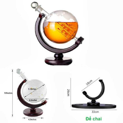 Chai Đựng Rượu Thủy Tinh 1500ML mẫu Globe cao cấp nắp thủy tinh đặc kèm đế gỗ - Vỏ Chai Rượu Đẹp trang trí – Bình Đựng Rượu Thủy Tinh decor (E18)