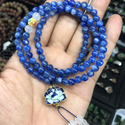 Vòng đeo tay, lắc tay phong thủy chuỗi hạt quấn 3 vòng mix phụ kiện hoa sen đá Sapphire nước ( Kyanite )