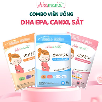 Combo Viên Uống DHA, EPA, Canxi D3 K2, Sắt, Acid Folic, Vitamin Tổng Hợp, Khoáng Chất Cho Mẹ Bầu Akamama Nhật Bản