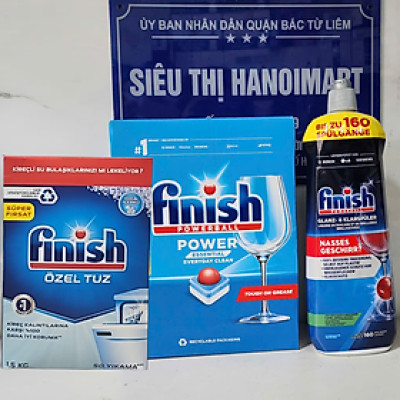 Combo muối rửa bát Finish 1,5kg+viên rửa bát Finish 120 viên+Nước làm bóng bát chén finish 800ml