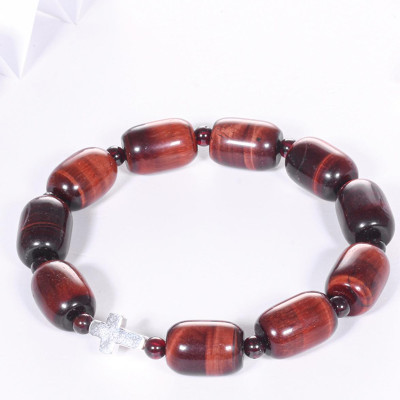 Vòng chuỗi mân côi đá thạch anh mắt hổ mix thánh giá bạc hạt đá 12mm - Ngọc Quý Gemstones