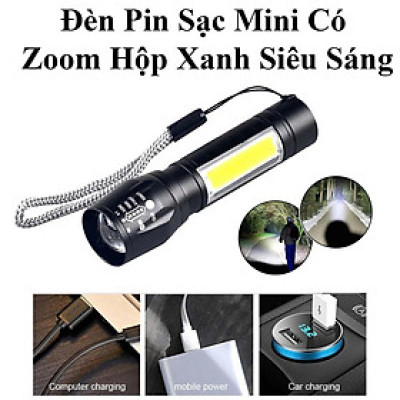 Đèn Pin Sạc Mini Có Zoom Hộp Xanh Xpe+Cob Light Siêu Sáng