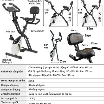 Xe đạp thể thao tại nhà gấp gọn 10 cấp độ kháng lực cảm biến nhịp tim hoạt động êm ái tải trọng 120kg
