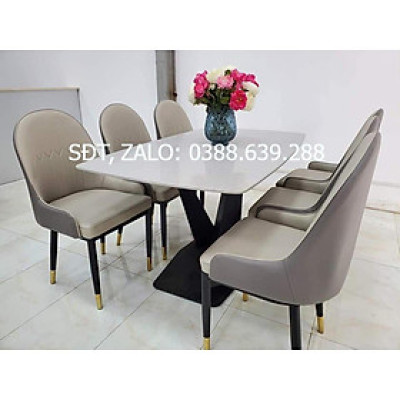 Bộ bàn ăn chân X 1m6 + 6 ghế Monet có tay mặt đá ceramic  Thương hiệu Nội Thất Bình Long 